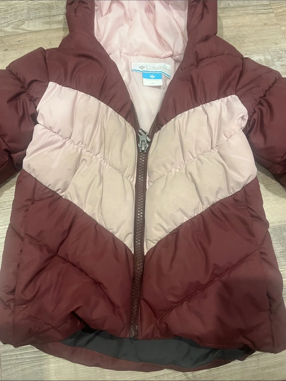 Columbia Kids Hooded Chevron Puffer Jacket - Burgundy and Light Pink